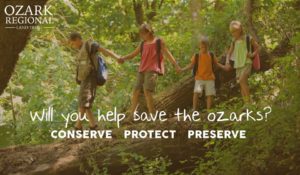 four children walk across a log in the woods