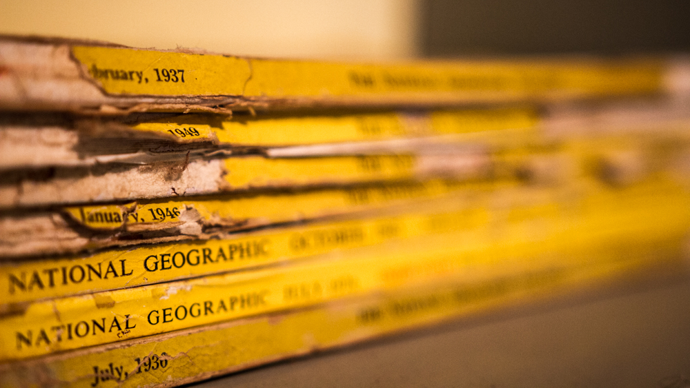 An old stack of pre-WWII National Geographics from the Oak Hill Grange Library